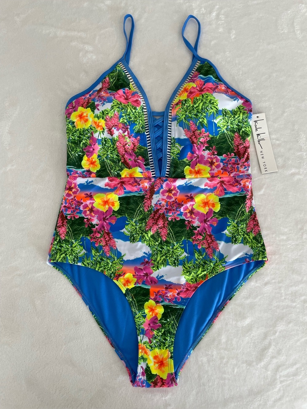 Nicole Miller New York Sz 12 Plunging Neckline One-Piece Swimsuit Hawaiian NWT - Picture 4 of 17